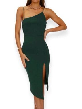 Asymmetric Spaghetti Strap Dark Green Midi Dress with Front Slit